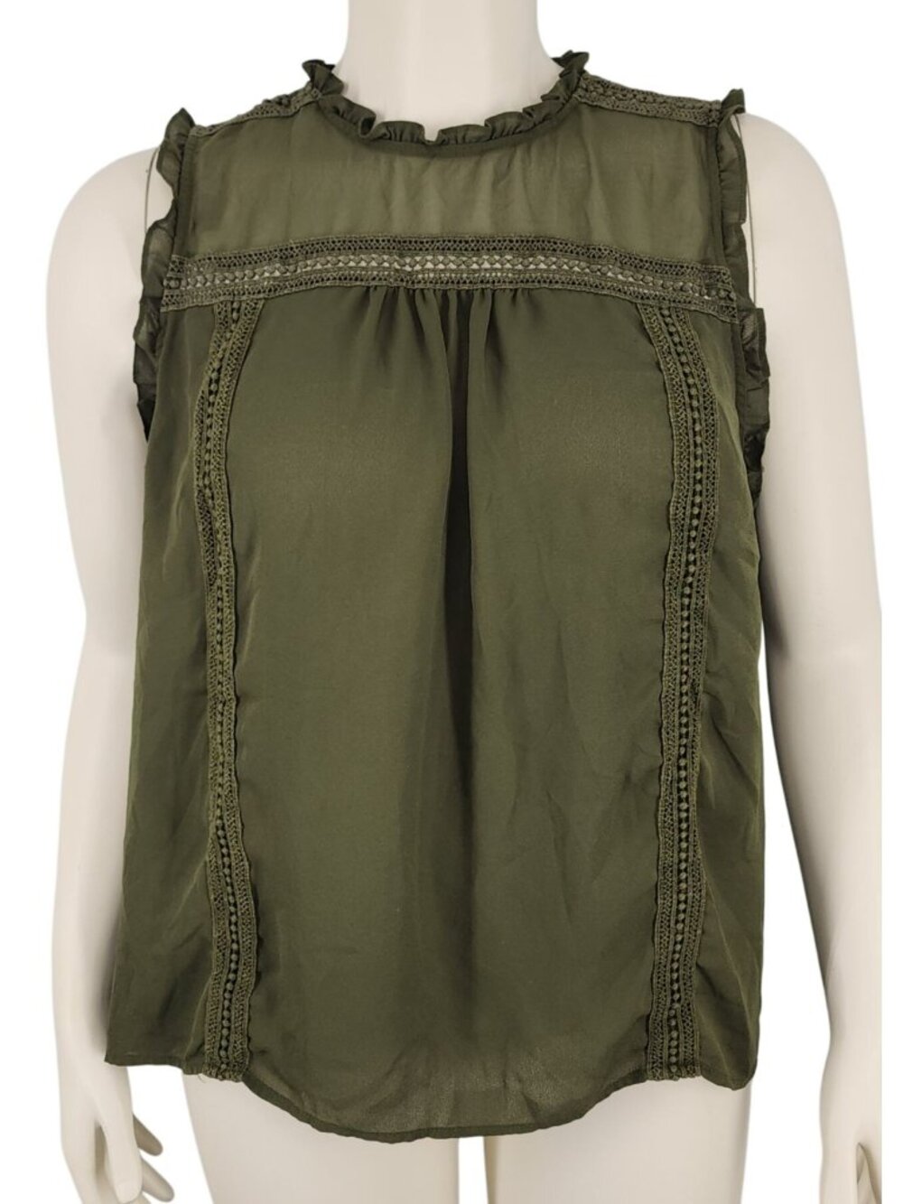 Women's A.N.A Olive Green Sheer Sleeveless Blouse XL Ruffle Trim Loose Flowy Tan